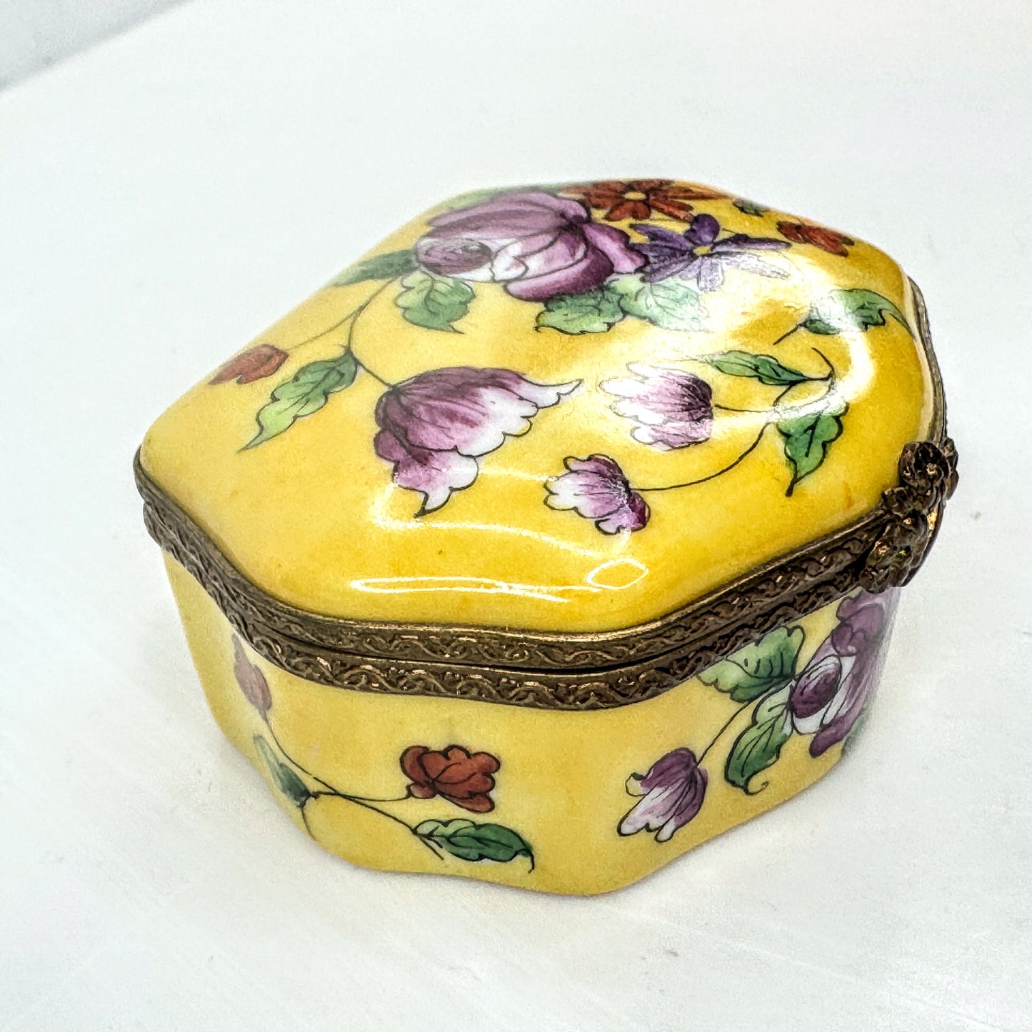 Limoges France Hand Painted Yellow Floral Trinket Box, Unique Shape A1051