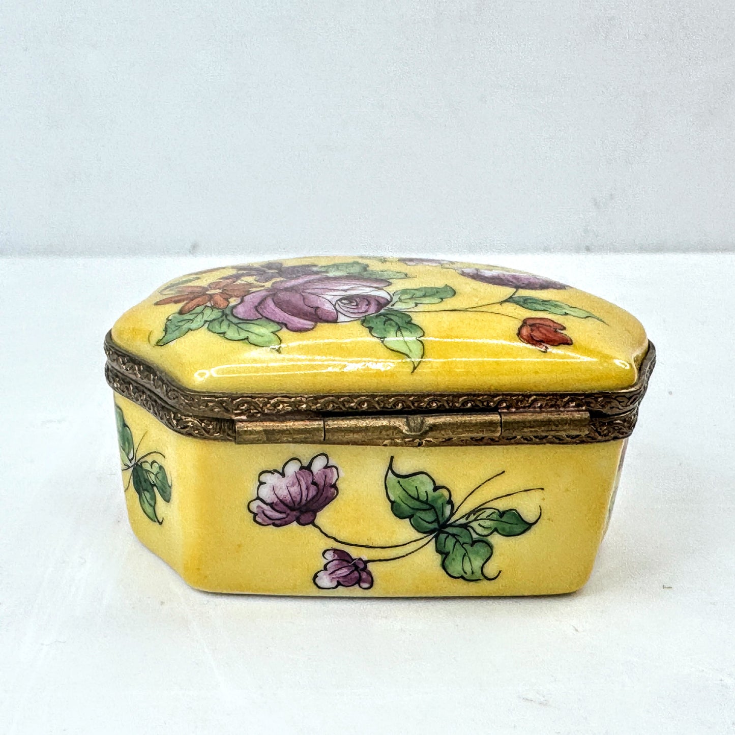Limoges France Hand Painted Yellow Floral Trinket Box, Unique Shape A1051
