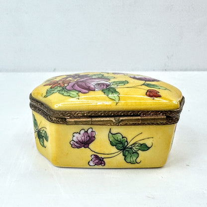 Limoges France Hand Painted Yellow Floral Trinket Box, Unique Shape A1051
