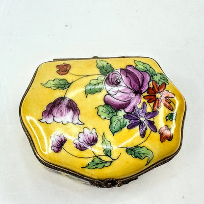 Limoges France Hand Painted Yellow Floral Trinket Box, Unique Shape A1051