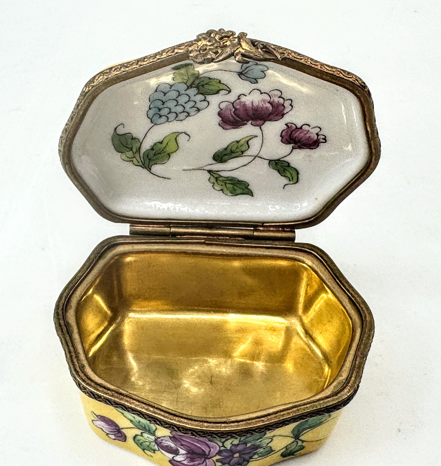 Limoges France Hand Painted Yellow Floral Trinket Box, Unique Shape A1051