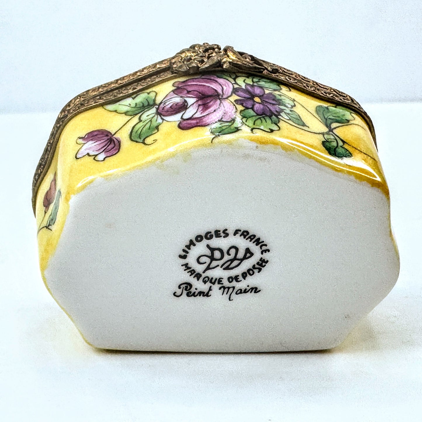 Limoges France Hand Painted Yellow Floral Trinket Box, Unique Shape A1051