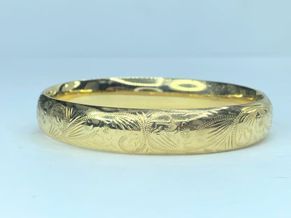 12.0mm 14K hand etched Floral Motif Bangle6.5" 14.6g JR9343