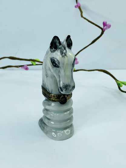 Rare Limoge Horse head on the marble stone hinged trinket box A452