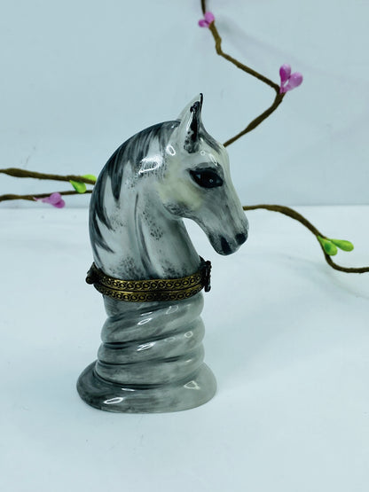 Rare Limoge Horse head on the marble stone hinged trinket box A452