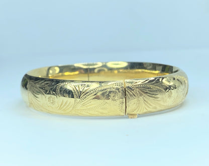 12.0mm 14K hand etched Floral Motif Bangle6.5" 14.6g JR9343