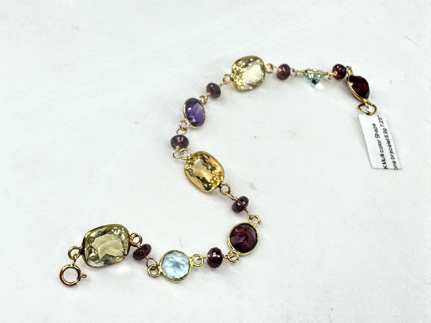 14K Multi Gemstone Station Bracelet Topaz Garnet Amethyst Citrine 7.25" JR1705