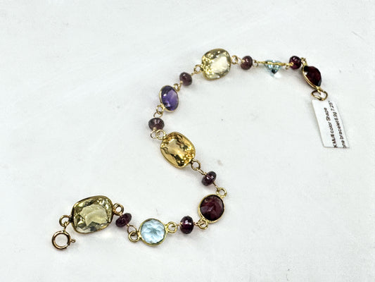 14K Multi Gemstone Station Bracelet Topaz Garnet Amethyst Citrine 7.25" JR1705
