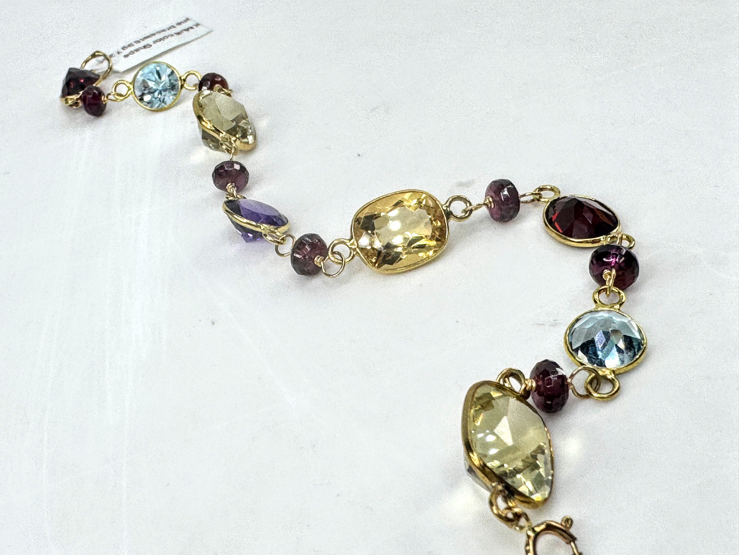 14K Multi Gemstone Station Bracelet Topaz Garnet Amethyst Citrine 7.25" JR1705
