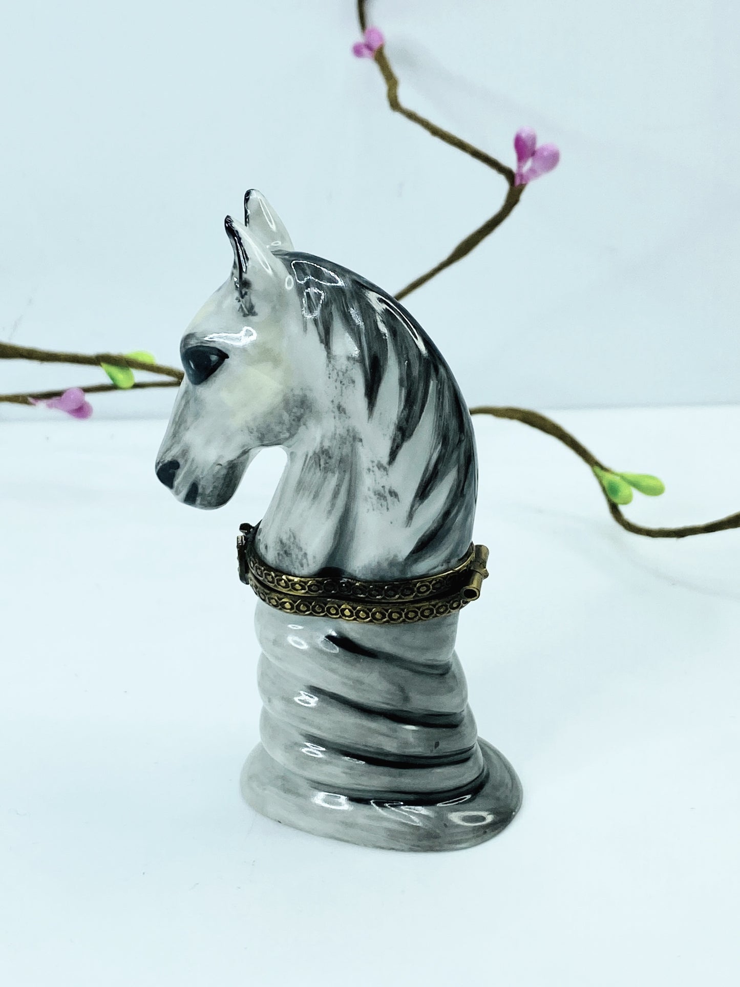 Rare Limoge Horse head on the marble stone hinged trinket box A452