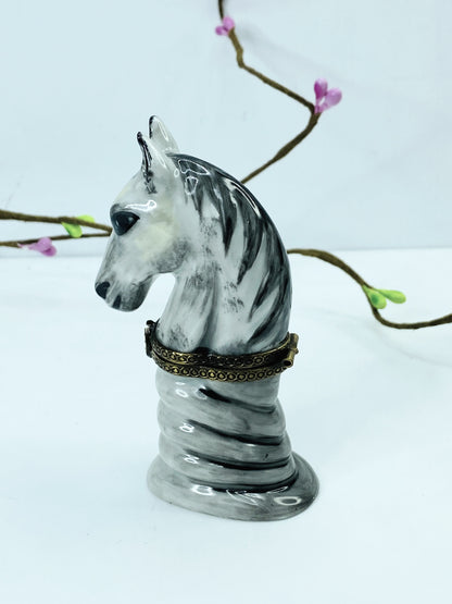 Rare Limoge Horse head on the marble stone hinged trinket box A452