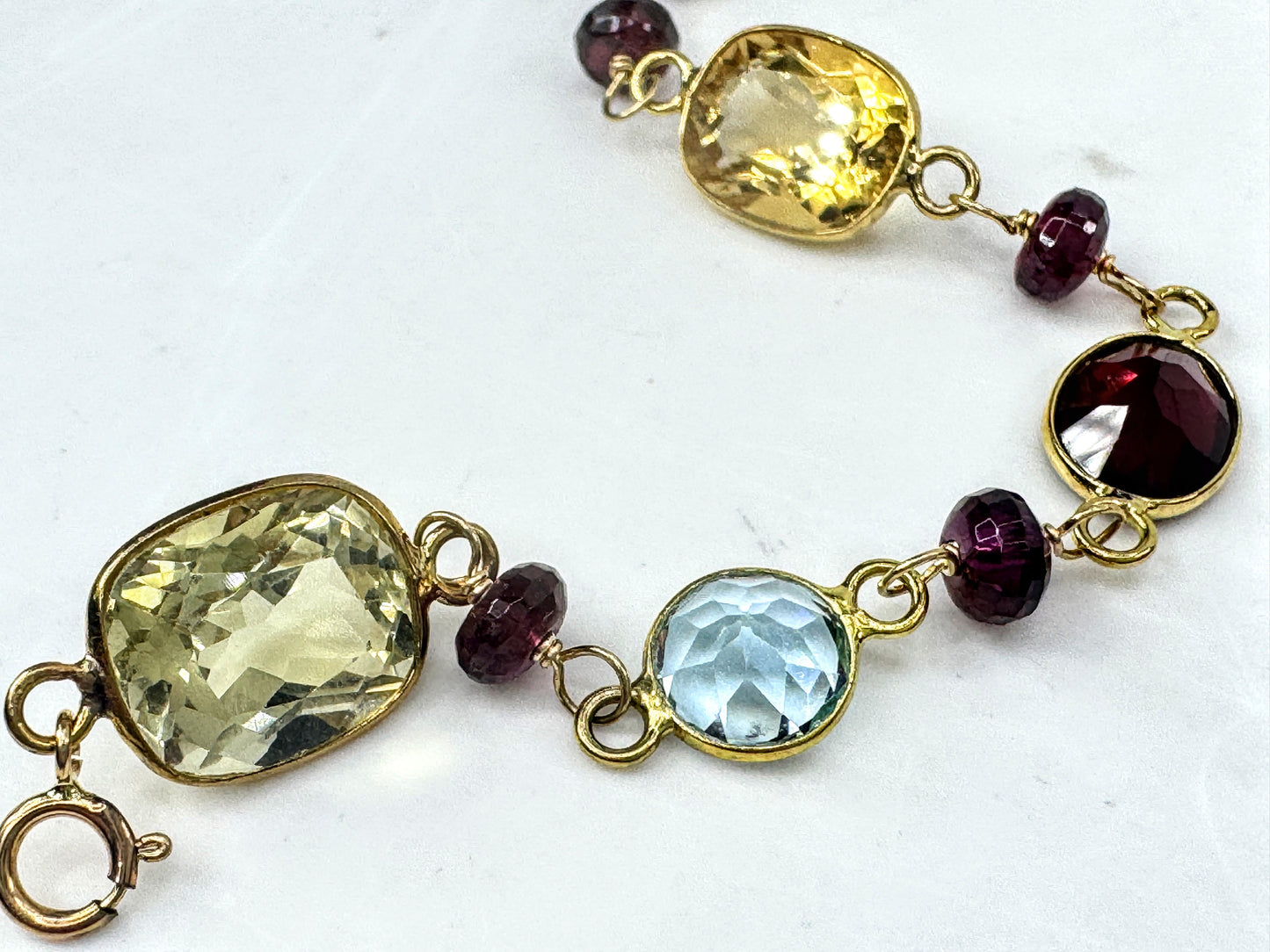 14K Multi Gemstone Station Bracelet Topaz Garnet Amethyst Citrine 7.25" JR1705