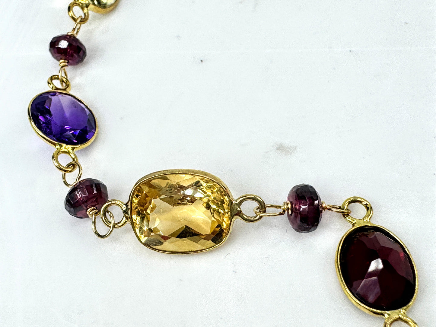 14K Multi Gemstone Station Bracelet Topaz Garnet Amethyst Citrine 7.25" JR1705
