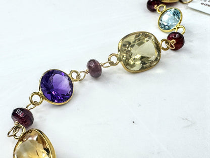 14K Multi Gemstone Station Bracelet Topaz Garnet Amethyst Citrine 7.25" JR1705