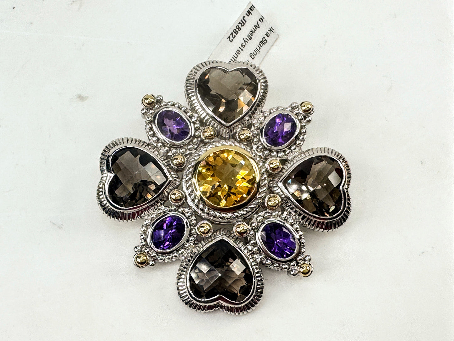 Vintage Judith Ripka Sterling 14K Multi Gemstone Heart Brooch Pendant JR1706