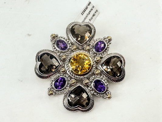 Vintage Judith Ripka Sterling 14K Multi Gemstone Heart Brooch Pendant JR1706