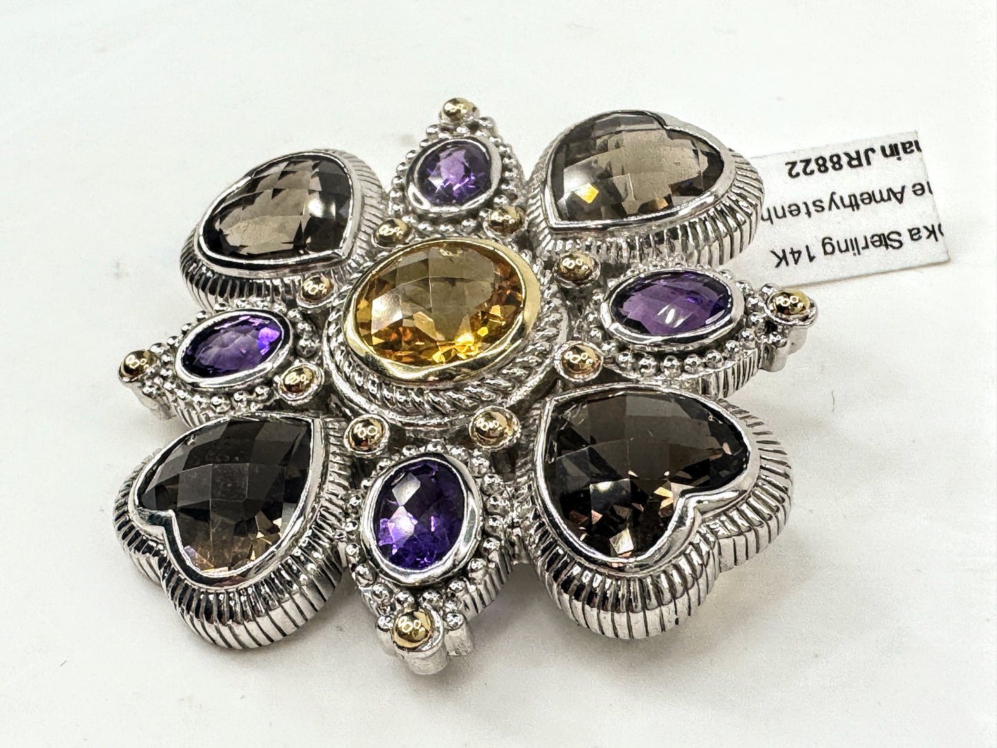 Vintage Judith Ripka Sterling 14K Multi Gemstone Heart Brooch Pendant JR1706
