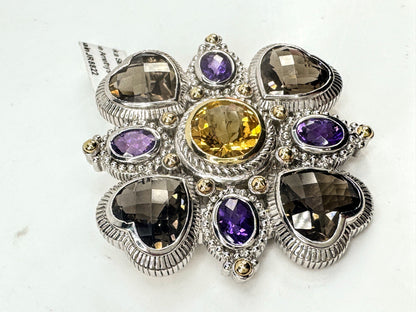 Vintage Judith Ripka Sterling 14K Multi Gemstone Heart Brooch Pendant JR1706