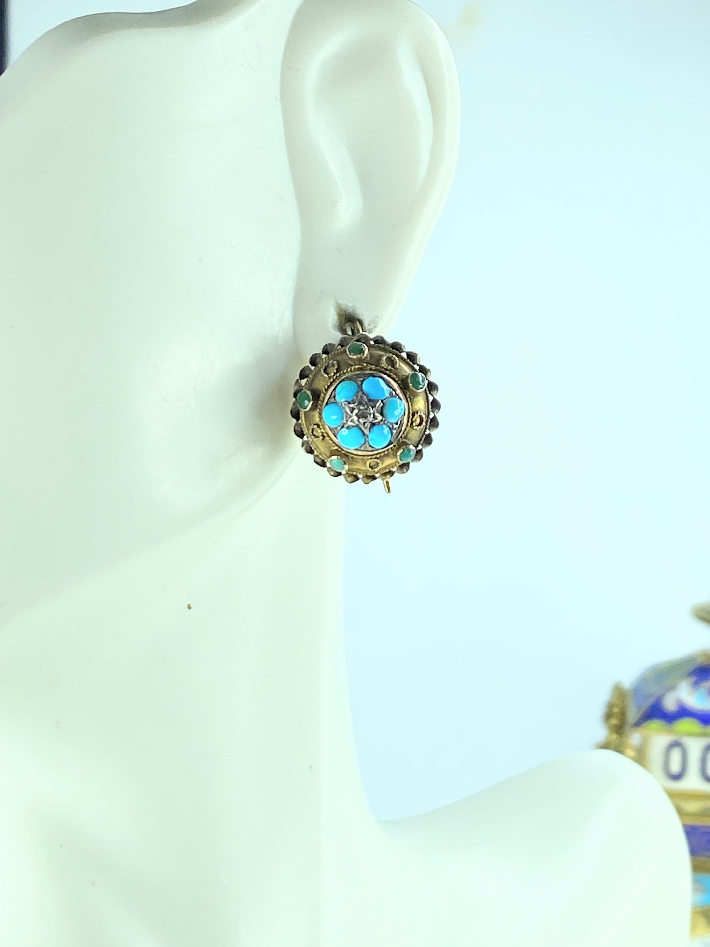 Victorian 15ct Gold, Turquoise & Diamond Round Earrings 3.4g 14.5mm JR9956