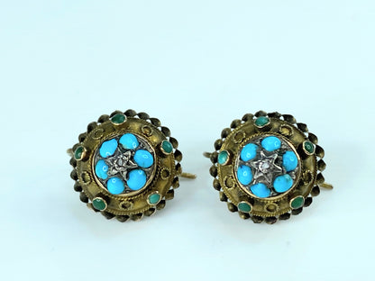 Victorian 15ct Gold, Turquoise & Diamond Round Earrings 3.4g 14.5mm JR9956