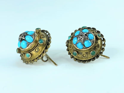 Victorian 15ct Gold, Turquoise & Diamond Round Earrings 3.4g 14.5mm JR9956