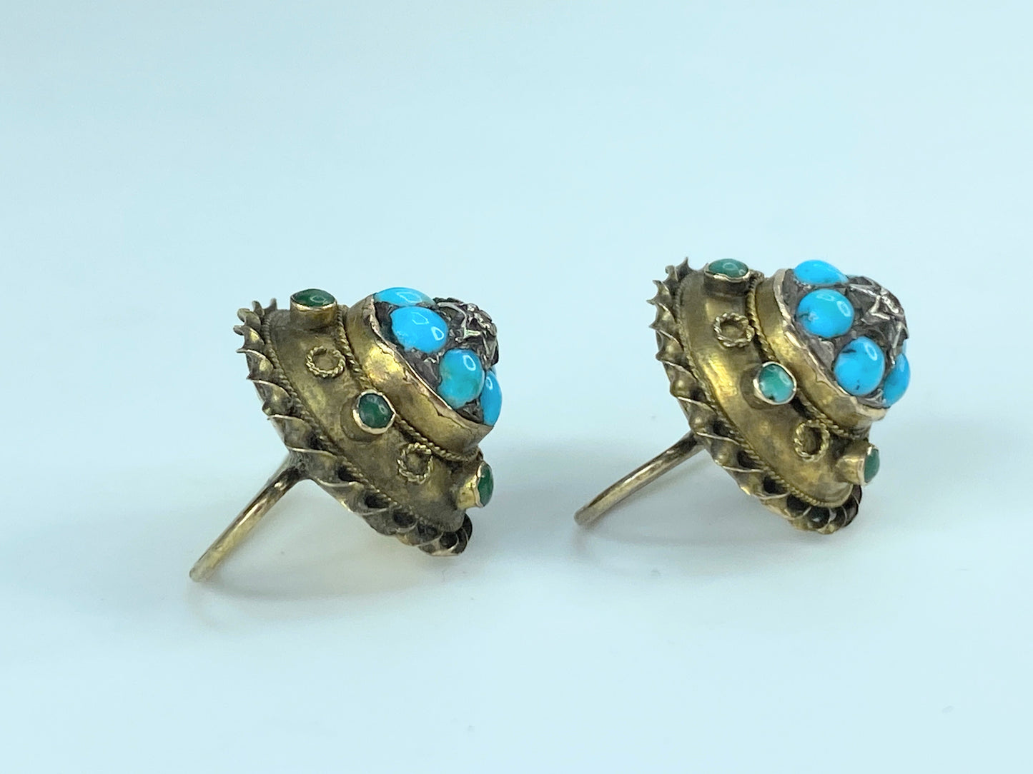 Victorian 15ct Gold, Turquoise & Diamond Round Earrings 3.4g 14.5mm JR9956