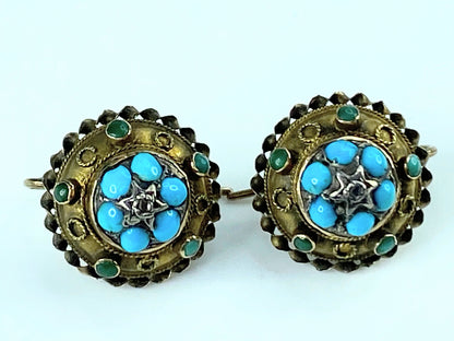 Victorian 15ct Gold, Turquoise & Diamond Round Earrings 3.4g 14.5mm JR9956