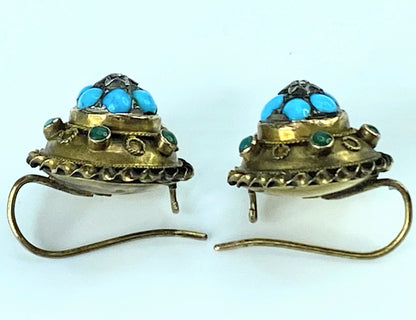 Victorian 15ct Gold, Turquoise & Diamond Round Earrings 3.4g 14.5mm JR9956