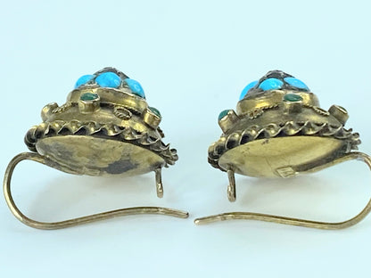 Victorian 15ct Gold, Turquoise & Diamond Round Earrings 3.4g 14.5mm JR9956