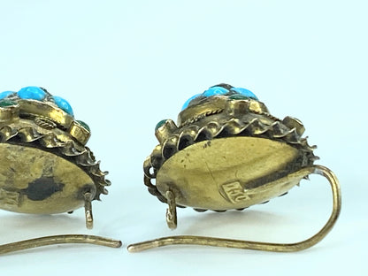 Victorian 15ct Gold, Turquoise & Diamond Round Earrings 3.4g 14.5mm JR9956