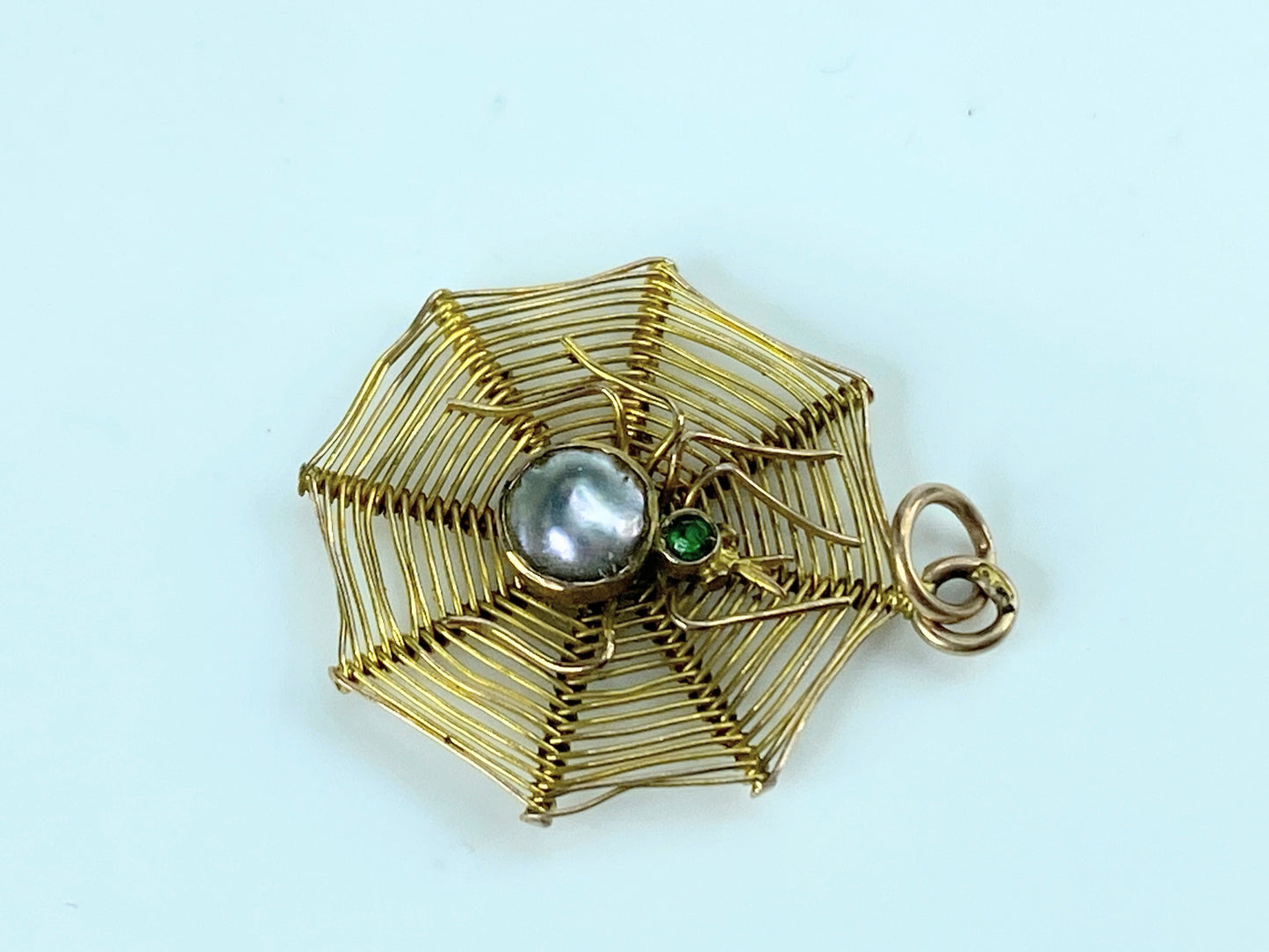 1900s 19th Century 9k Gold Mop & Green gem Spider Web Pendant 1.7g 1"x7/8 JR9957