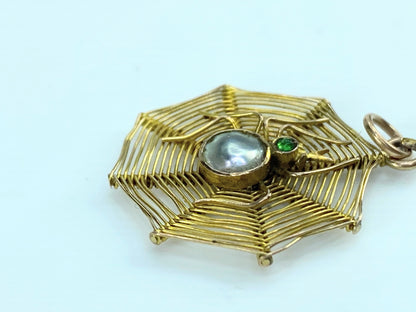 1900s 19th Century 9k Gold Mop & Green gem Spider Web Pendant 1.7g 1"x7/8 JR9957