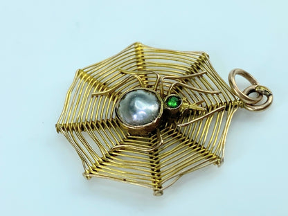 1900s 19th Century 9k Gold Mop & Green gem Spider Web Pendant 1.7g 1"x7/8 JR9957