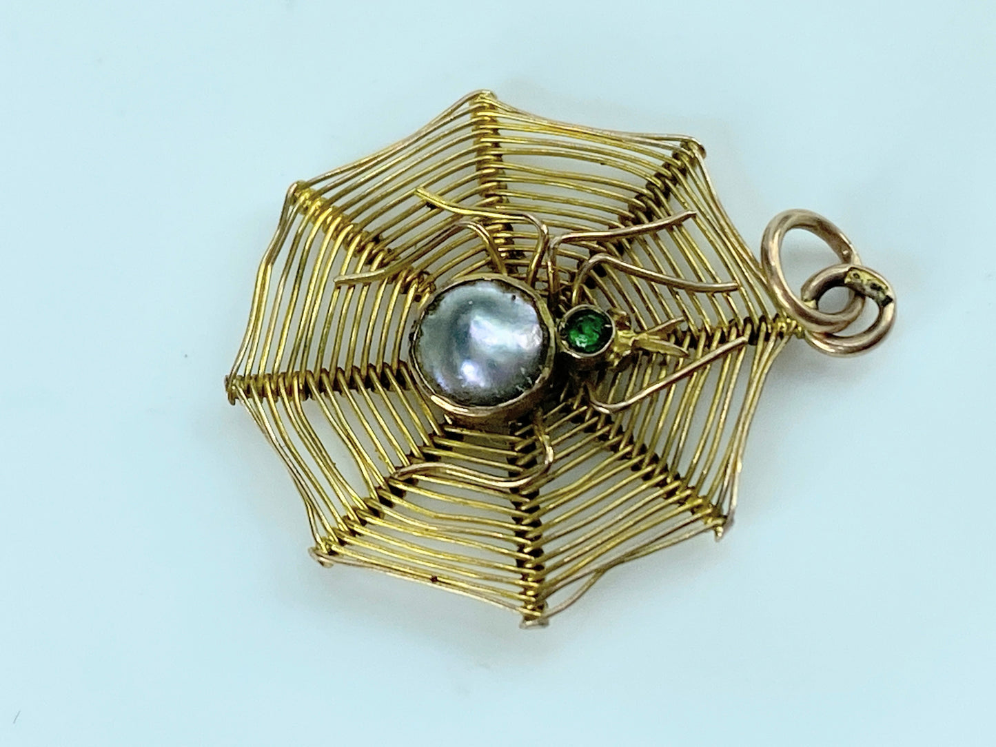 1900s 19th Century 9k Gold Mop & Green gem Spider Web Pendant 1.7g 1"x7/8 JR9957