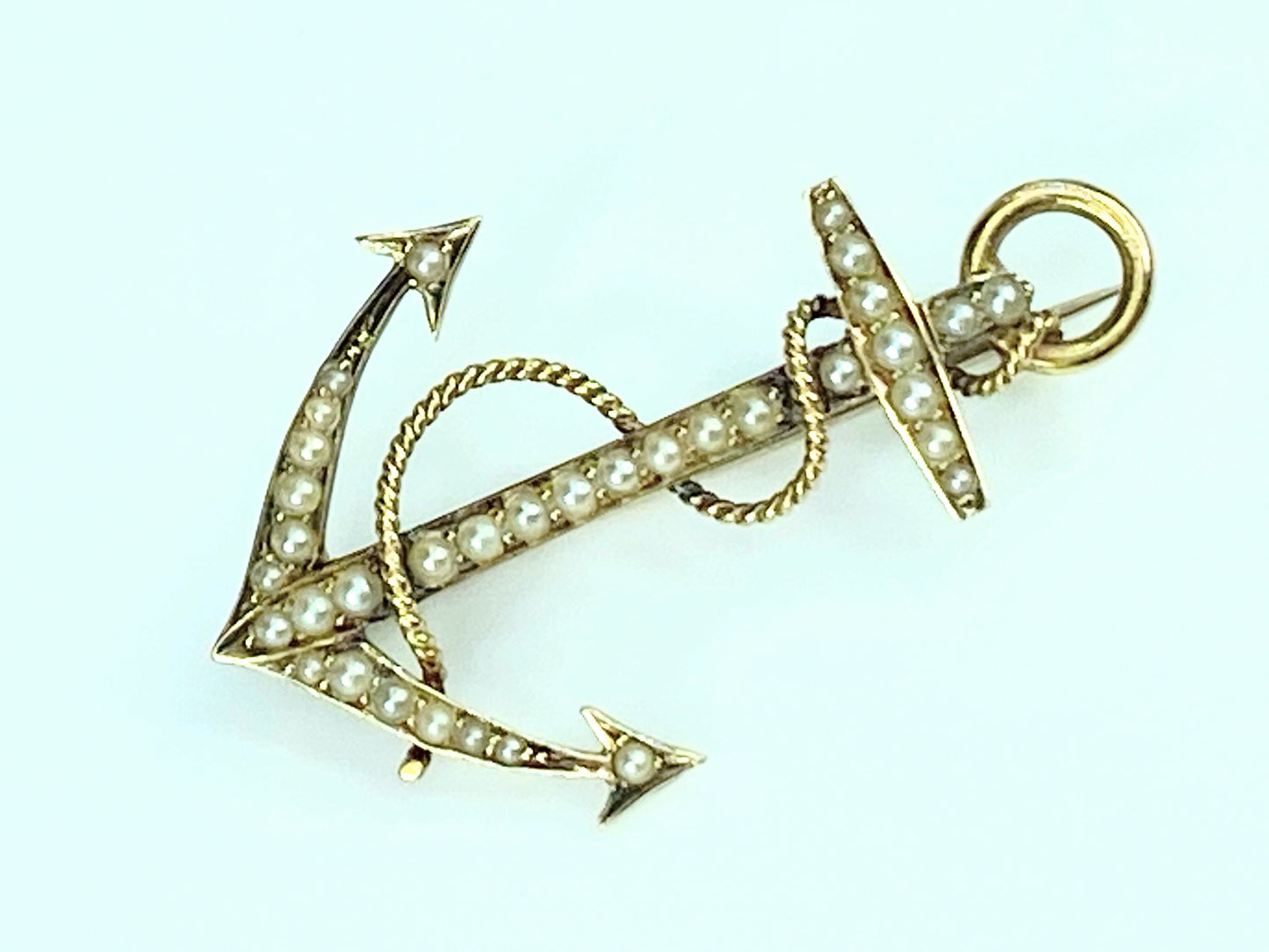 Antique 15K Victorian Anchor Brooch, split cultured seed Pearls 3.1g JR9958