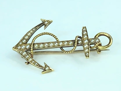 Antique 15K Victorian Anchor Brooch, split cultured seed Pearls 3.1g JR9958