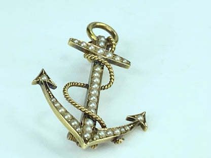 Antique 15K Victorian Anchor Brooch, split cultured seed Pearls 3.1g JR9958