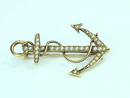 Antique 15K Victorian Anchor Brooch, split cultured seed Pearls 3.1g JR9958