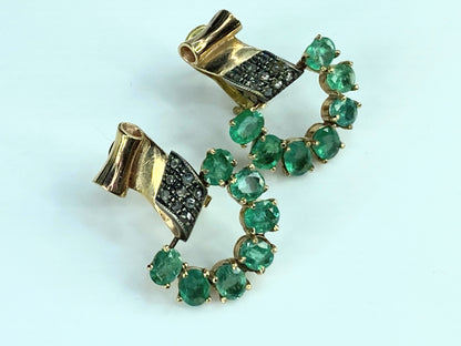 14K Rose cut Diamond Scrolling 4.5ct Emerald Hinge omega back earrings 9g JR9959