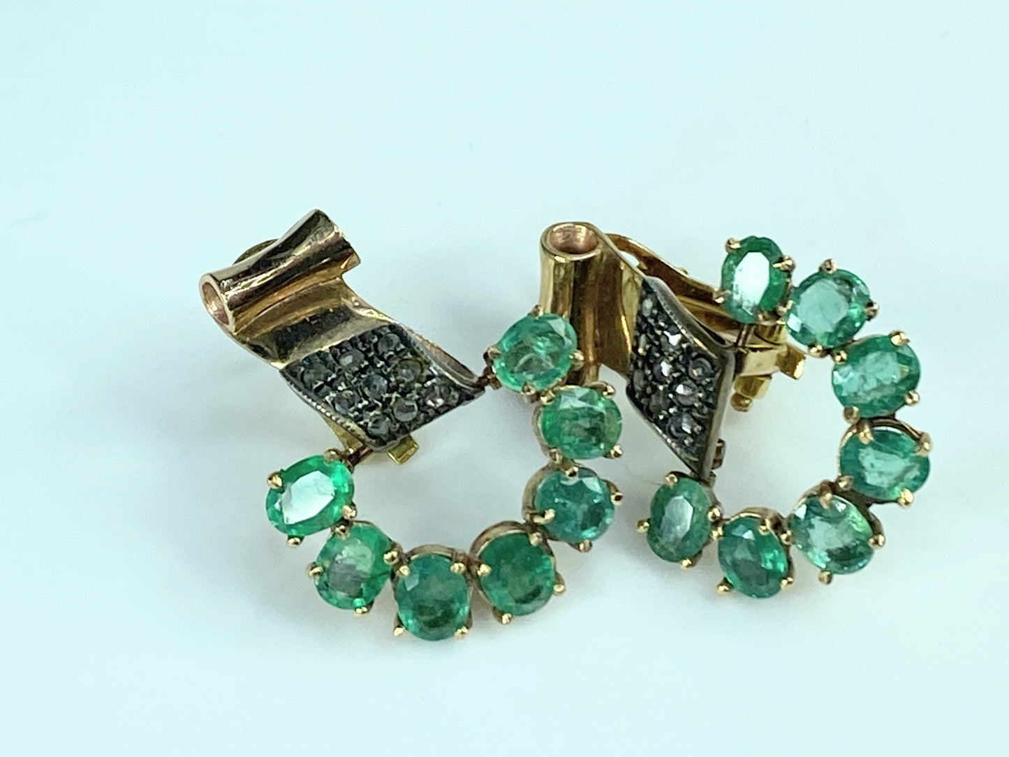 14K Rose cut Diamond Scrolling 4.5ct Emerald Hinge omega back earrings 9g JR9959