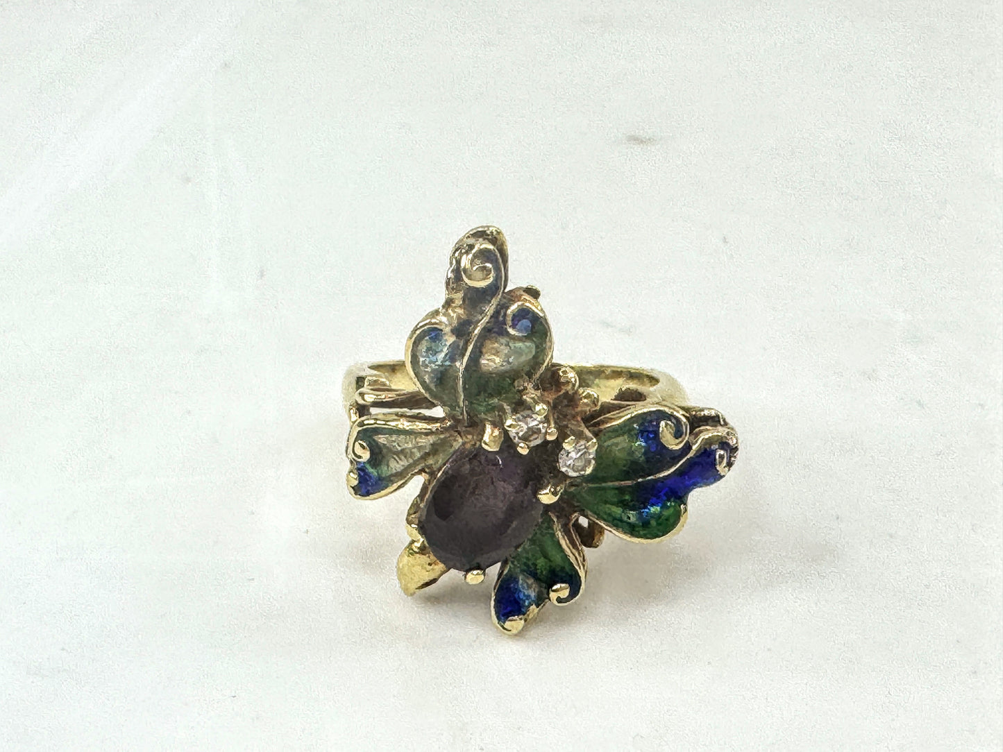 Vintage 14K Gold Enamel Butterfly Tourmaline Diamond Statement Ring s5.25 JR1711