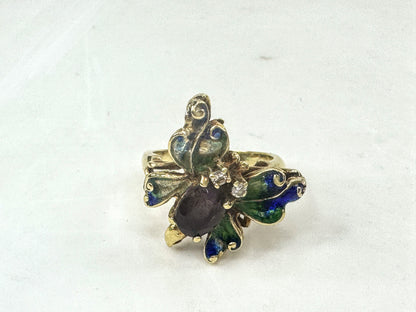 Vintage 14K Gold Enamel Butterfly Tourmaline Diamond Statement Ring s5.25 JR1711