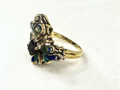 Vintage 14K Gold Enamel Butterfly Tourmaline Diamond Statement Ring s5.25 JR1711