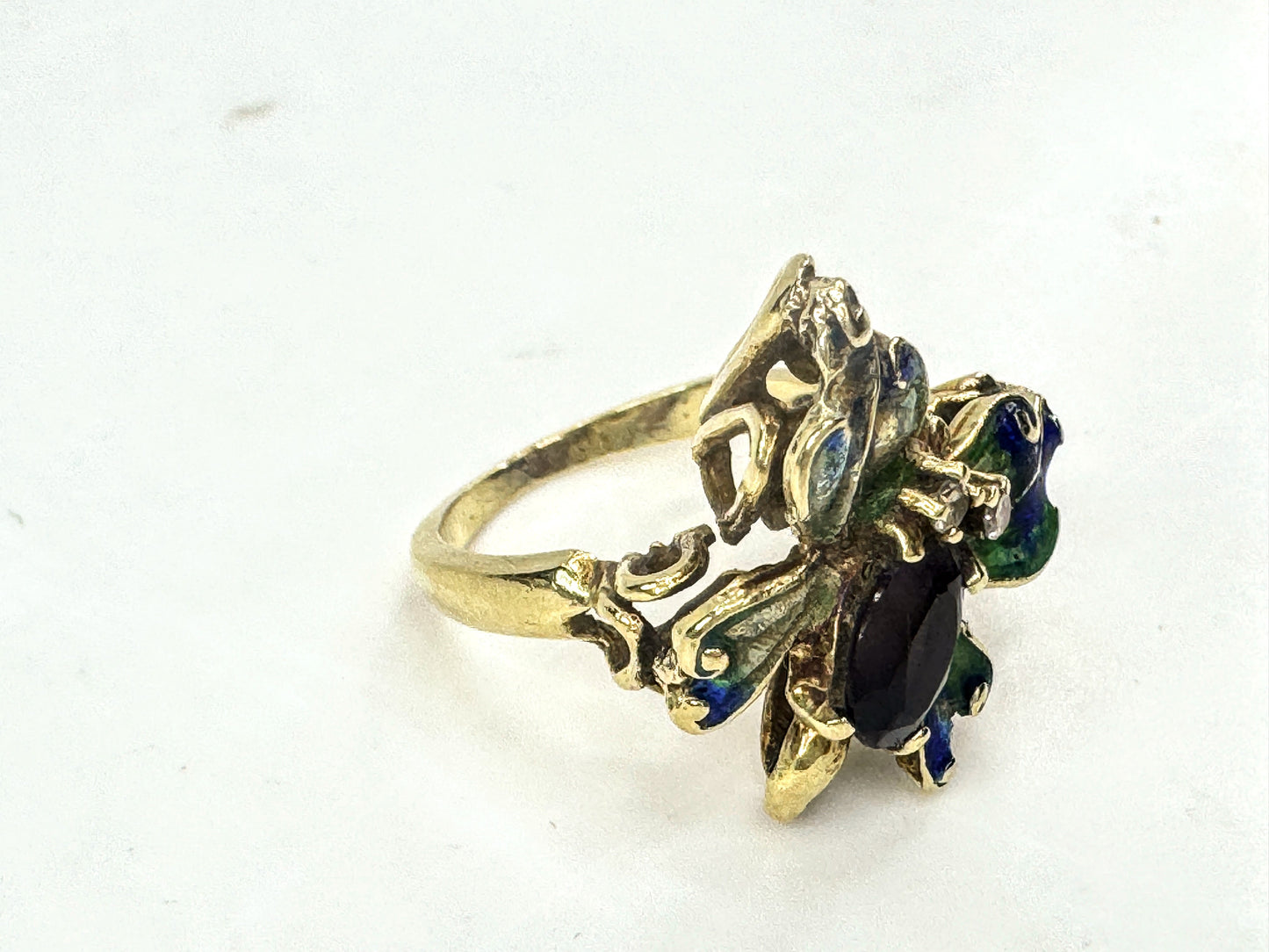 Vintage 14K Gold Enamel Butterfly Tourmaline Diamond Statement Ring s5.25 JR1711