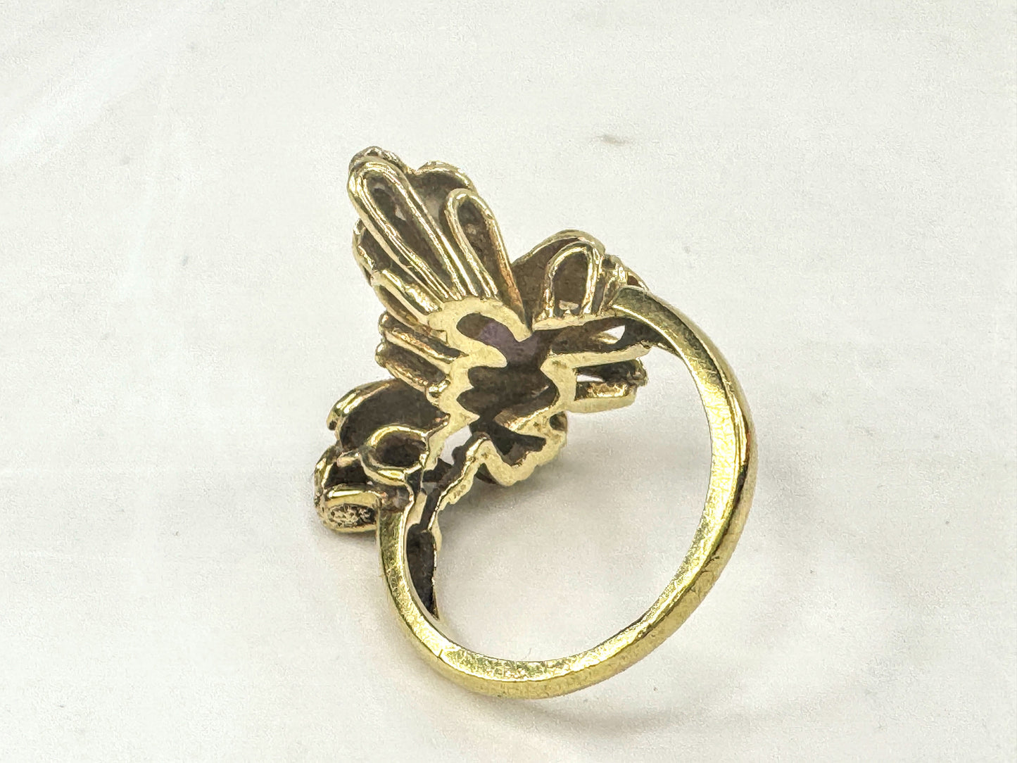 Vintage 14K Gold Enamel Butterfly Tourmaline Diamond Statement Ring s5.25 JR1711