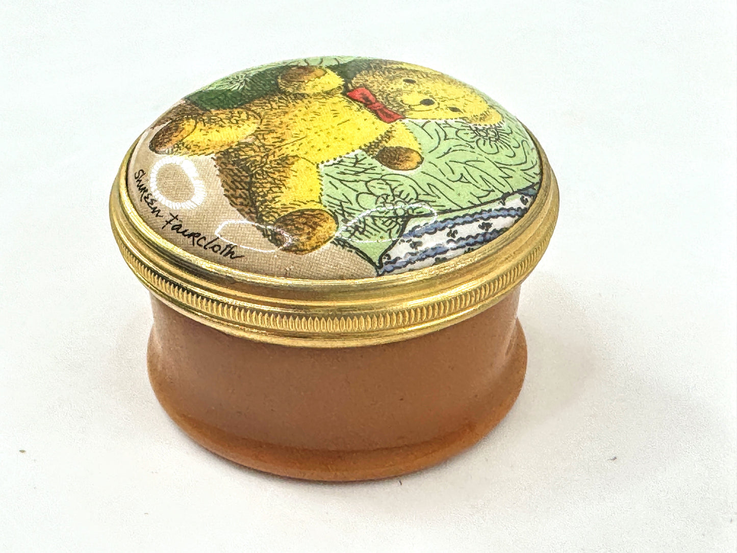 Halcyon Days enamel teddy bear round trinket pocket size pill box A1053