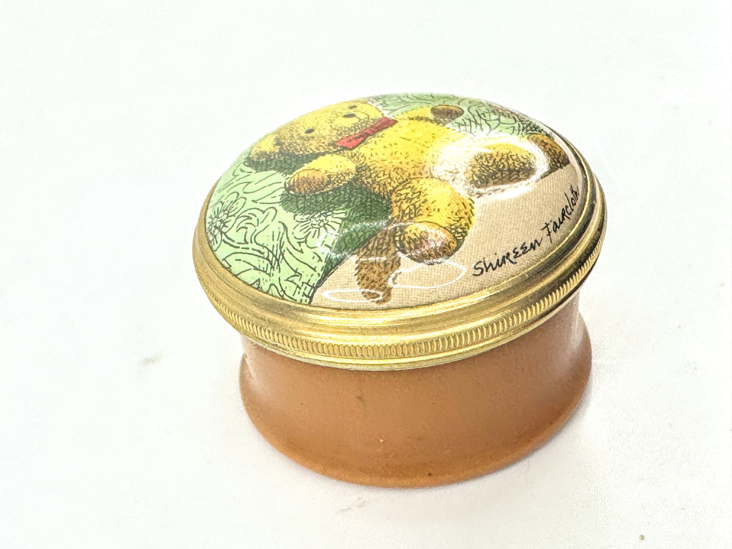 Halcyon Days enamel teddy bear round trinket pocket size pill box A1053