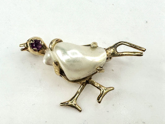 Mid Century 14K yelllow Gold Baroque Pearl Bird Brooch Pin 24mm JR1713