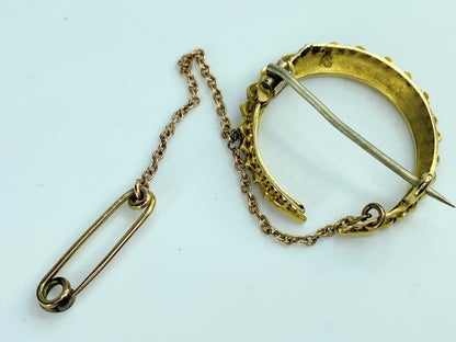 19th Century 18K Gold & Pearl Crescent Moon Brooch safety chain/pin 5.1g JR9961