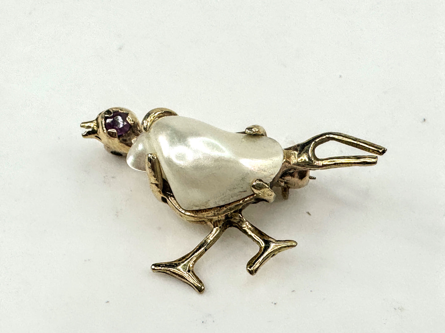 Mid Century 14K yelllow Gold Baroque Pearl Bird Brooch Pin 24mm JR1713